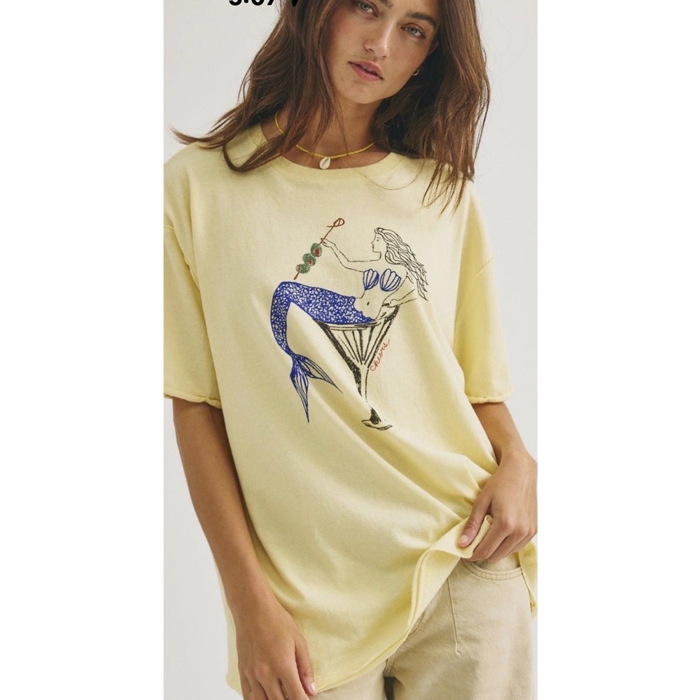 We The Free Mermaid Graphic Print T-Shirt Yellow Crew Neck Short Sleeve L